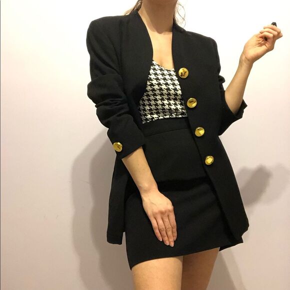VINTAGE 80s Genny Black Blazer Skirt Suit Set Sz 6 2piece Monochrome Office CEO - Picture 14 of 15